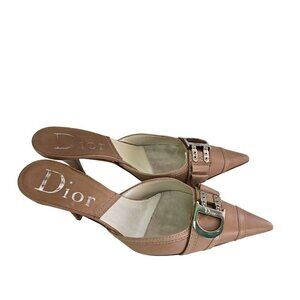 Dior Stunning Tan Leather Pointed Toe Logo Buckle Mules Size 37.5